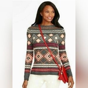 Talbots Women's Geometric Pattern Lambswool Blend Sweater - Gray and Red Size M